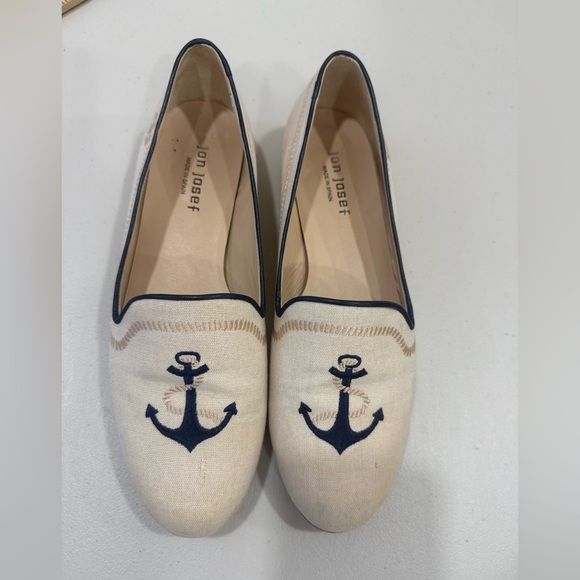 Jon Josef Linen Leather Gatsby anchor Embroidered Flats Loafers Shoes 10 - Picture 1 of 6